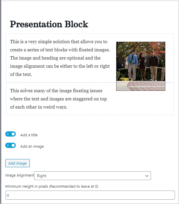 Screenshot of controls for the presentation block on the main external theme - add title, add image, image alignment, minimum height in pixels