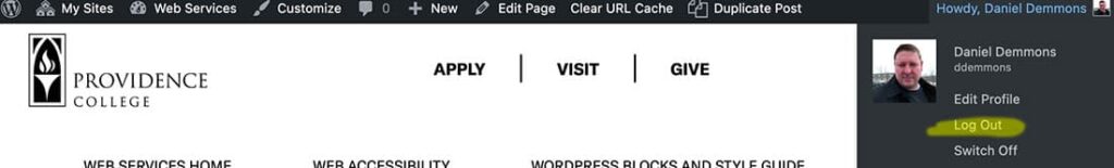 Screenshot of the WordPress admin bar, highlighting the log out button
