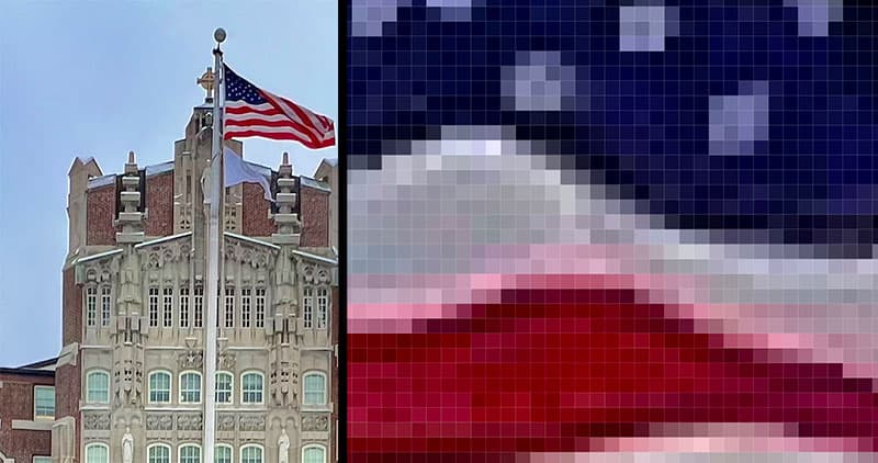 An image of Harkins Hall at Providence College, alongside a closeup of the US Flag in front of the building, demonstrating that the image is made of tiny, individual pixels.