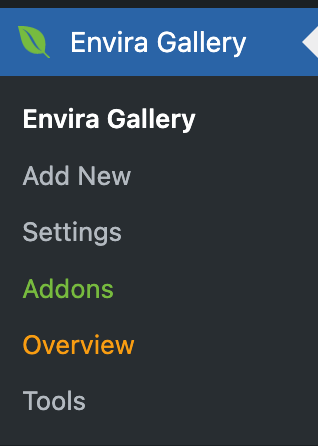 Envira Gallery menu, including links to Add New, Settings, Addons, Overview, and Tools