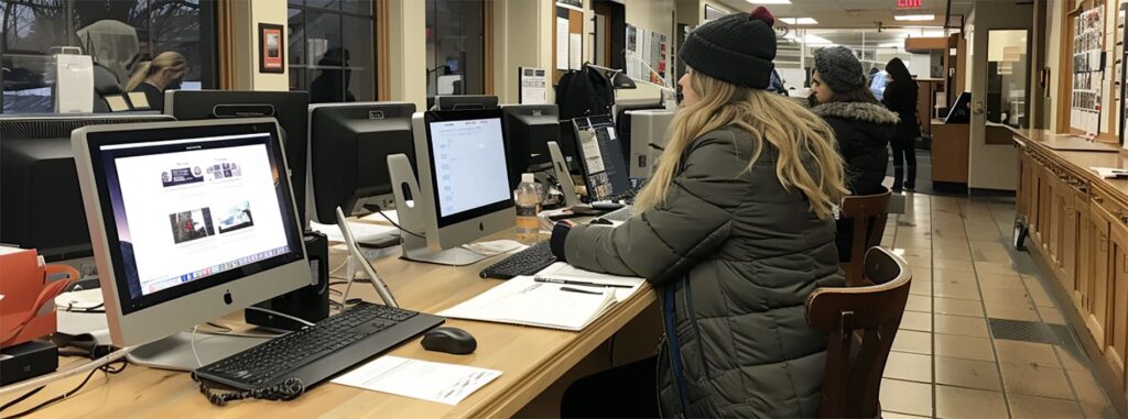 a student works at a computer in a lab setting