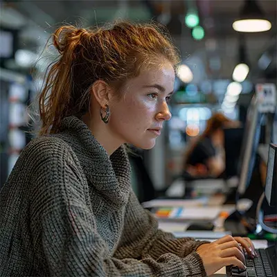 A young female Web Editor working on a computer