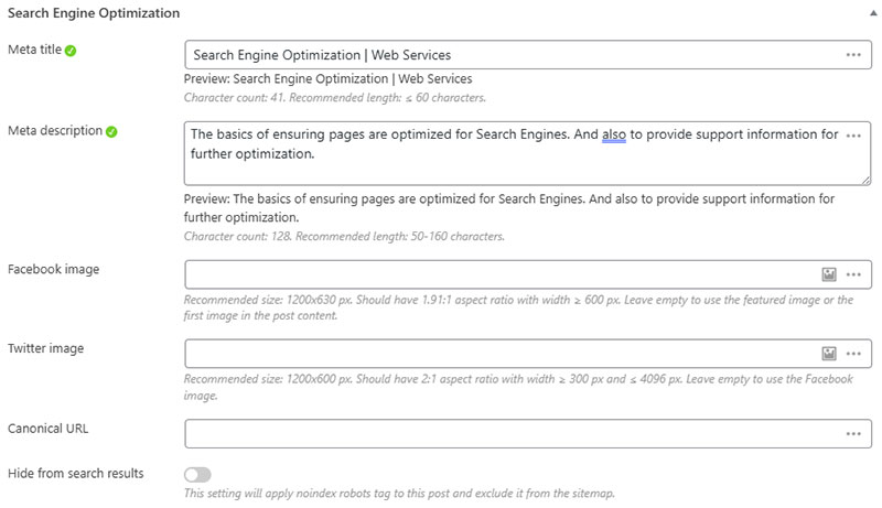 screenshot of fields in the Search Engine Optimization control panel in WordPress