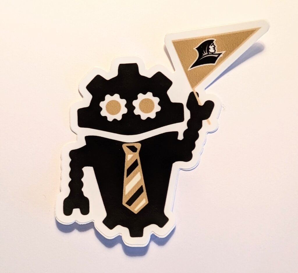 Sticker of the DubBot robot logo in black with gold accents, holding a gold penant with the Friars logo on it.