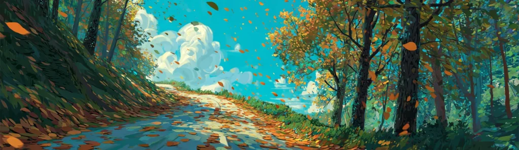 Leaves blowing in the wind on a winding autumn forest path