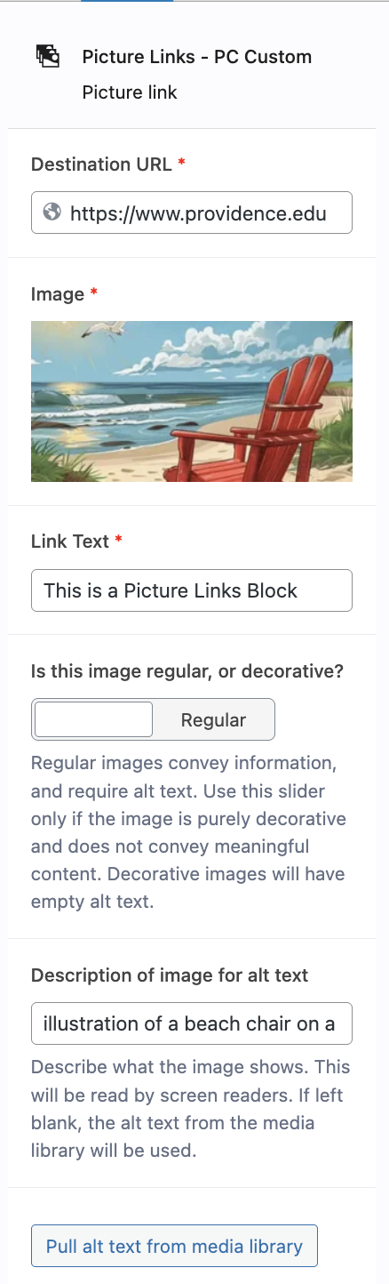 Screenshot of the editing UI for the Picture Links block showing fields for Destination URL, Image, Link Text, a decorative-or-regular image switch, a description of image for alt text field, and a button that says "Pull alt text from media library"