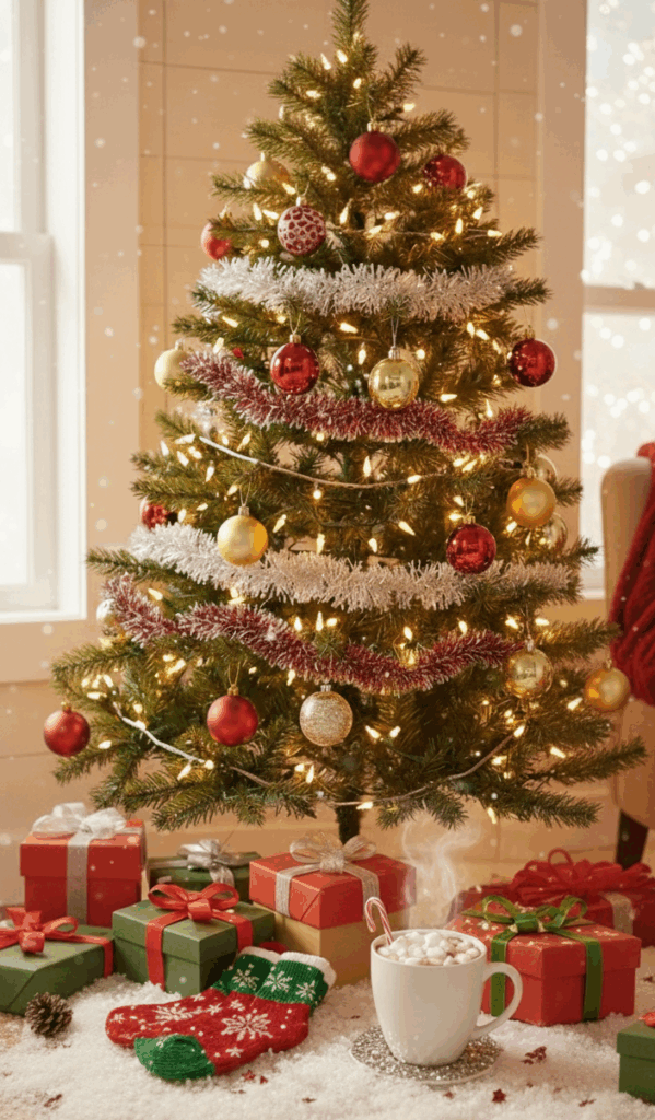 Decorated Christmas tree in a white room, with twinkling lights, and presents on the floor