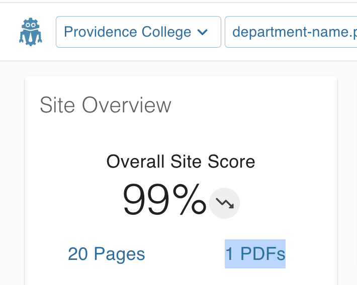 Screenshot of DubBot dashboard showing a site score of 99% and a highlighted link to "1 PDFs" below.