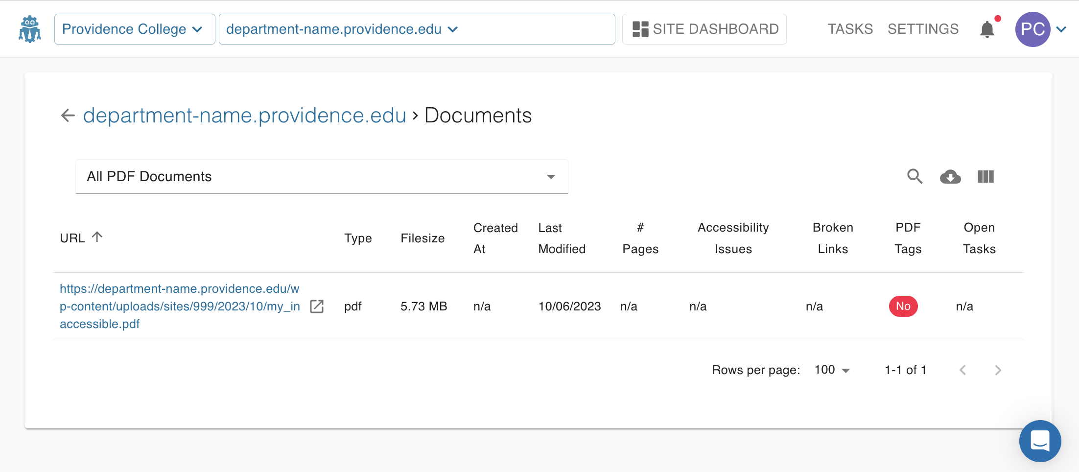 Screenshot of the PDF list showing one PDF, and the PDF tags field shows the word "No" highlighted in red.