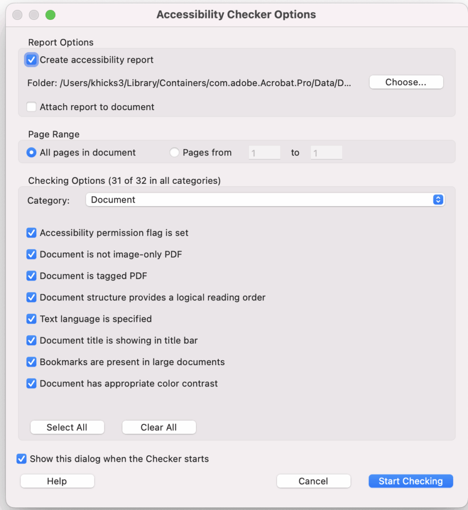 The Accessibility Checker Options screen