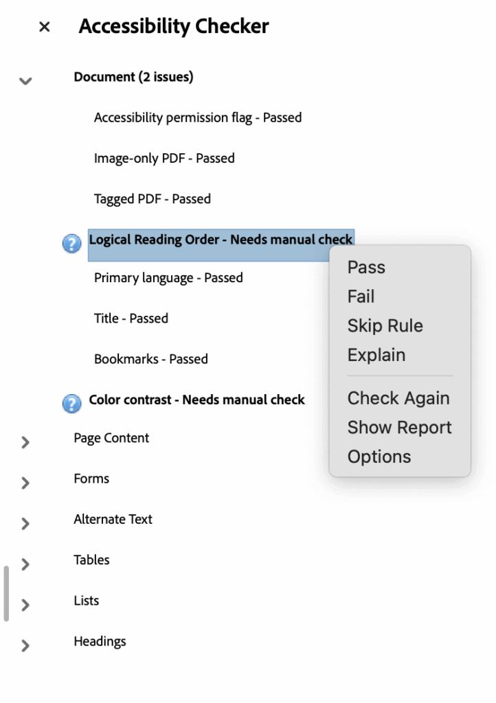 Accessibility Checker sidebar showing Logical Reading Order and Color Contrast needing a Manual Check, with the "Pass" option in the associated drop-down list