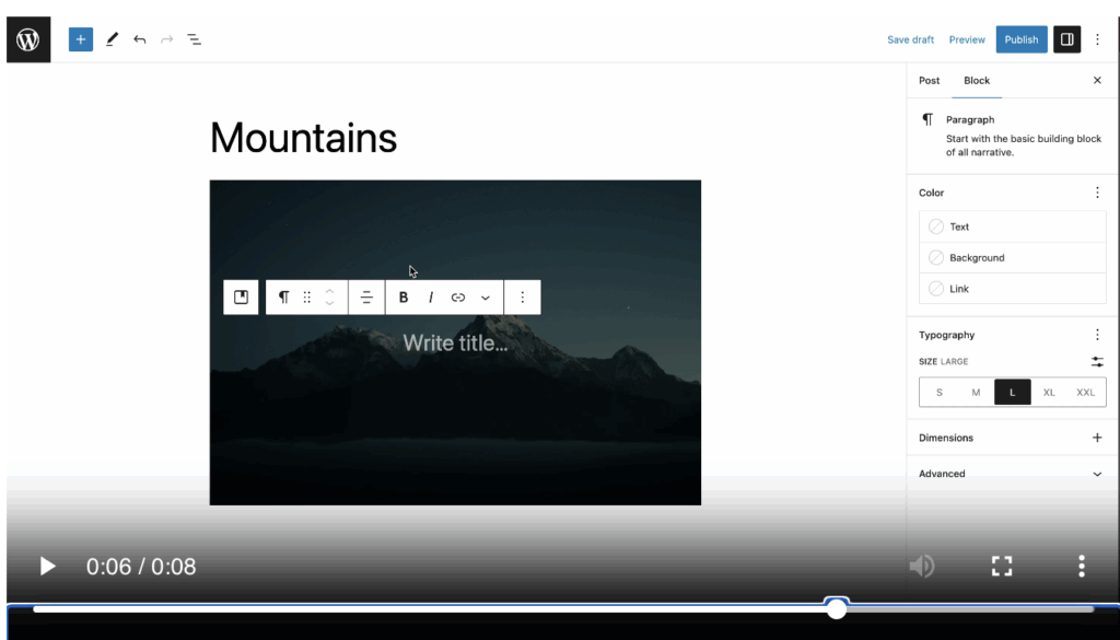 Screenshot of Cover Block in the editor