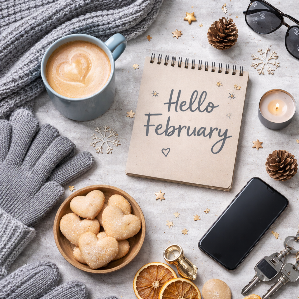 A notebook that says "Hello February" on a desk strewn with mittens and a scarf and heart-shaped cookies