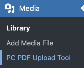 Screenshot of the WordPress menu sidebar showing PC PDF Upload Tool under the Media section.