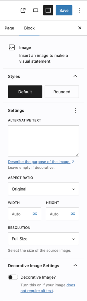 Screenshot of the image block sidebar showing the Decorative Image slider at the bottom, in the off position. There is nothing in the Alternative Text field. 