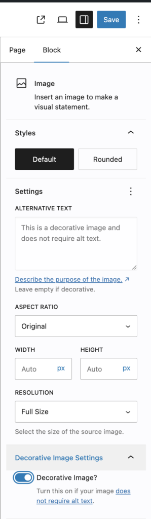 Screenshot of the image block sidebar showing the Decorative Image slider at the bottom, in the on position. The Alternative Text box has grey placeholder text that says "This is a decorative image and does not require alt text". 