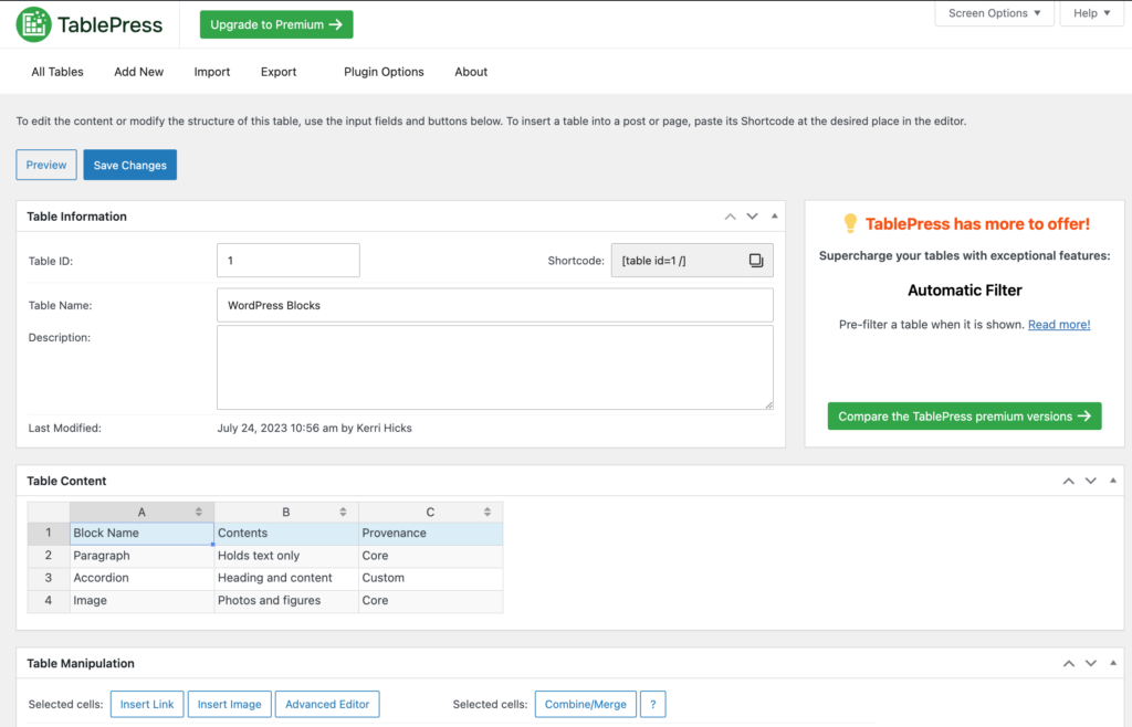 Screenshot of the TablePress editing interface