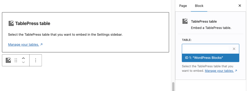 Screenshot of the TablePress block, showing the dropdown menu of available tables, showing the WordPress Blocks table with ID #1