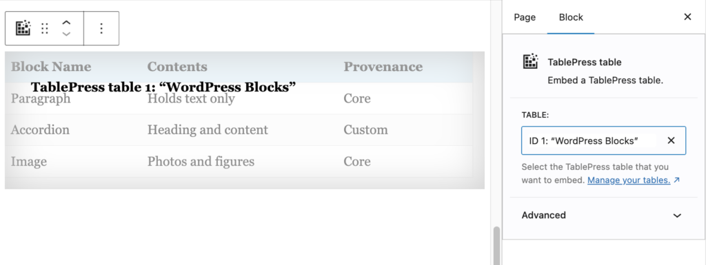 Screenshot of the TablePress block, with the WordPress Blocks table selected.