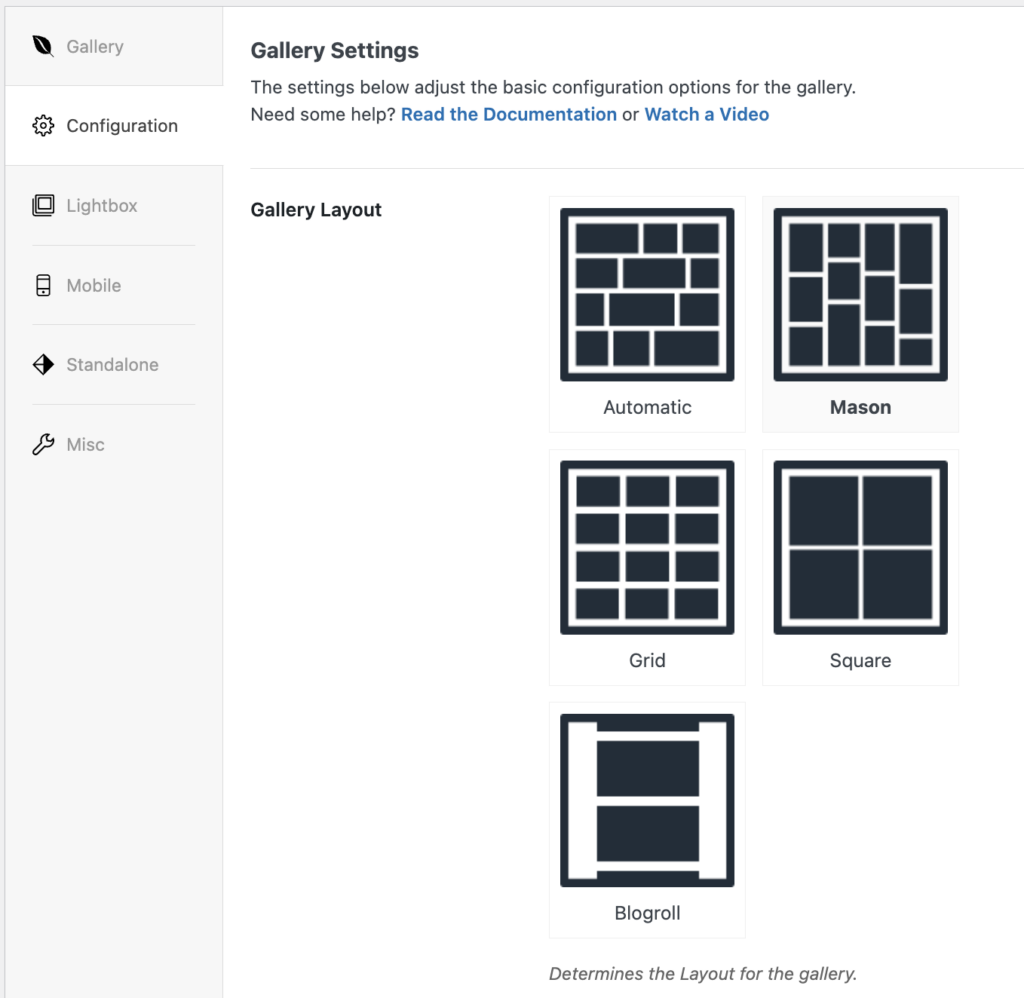 Screenshot of various layouts including Automatic, Mason, Grid, Square, and Blogroll