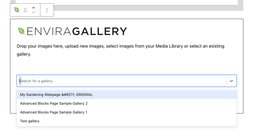 Screenshot of the Envira Gallery block in the editor, with a dropdown listing all galleries on the site.