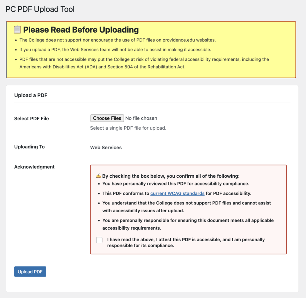Screenshot of the PDF Upload Tool attestation, asserting that Web Services does not support the use of PDFs on our website, a "Choose Files" button for upload, and a checkbox affirming that you have personally reviewed the PDF for compliance.