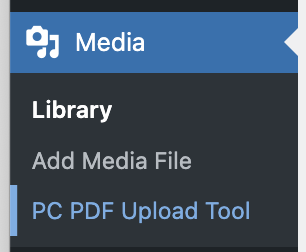 Screenshot of the PC PDF Upload Tool under the Media menu in the WordPress left sidebar