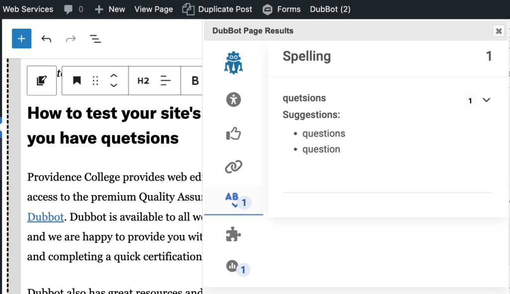 Screenshot of the DubBot pane open in the WordPress editor, showing a spelling error  where "questions" is spelled "quetsions"