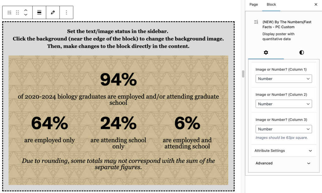 Screenshot of the editor UI for the By the Numbers block, showing a dropdown for each of the three columns, asking Number or Image.