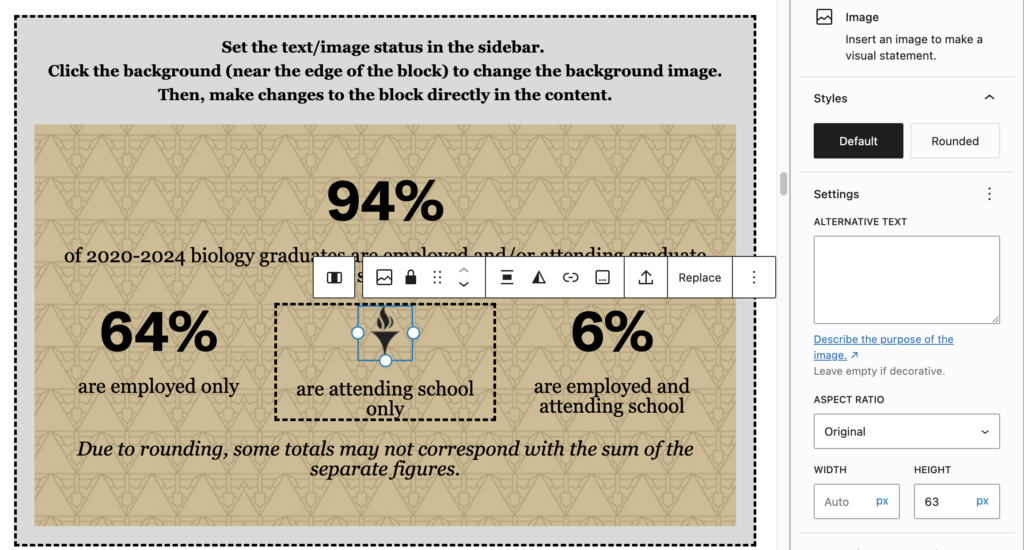 Screenshot of an example with the center column set to Image. A placeholder Torch image is inserted into the second column.