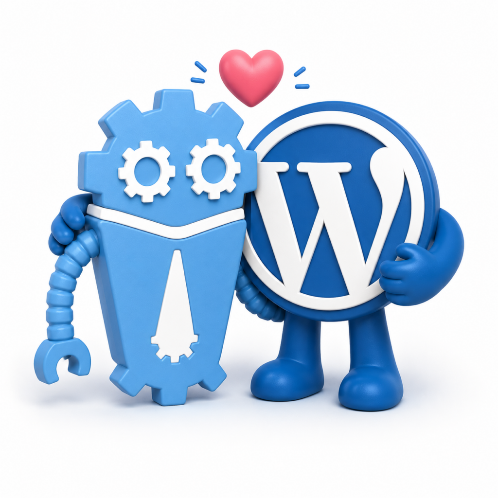 Claymation DubBot icon and WordPress icon hugging, with a heart over their heads
