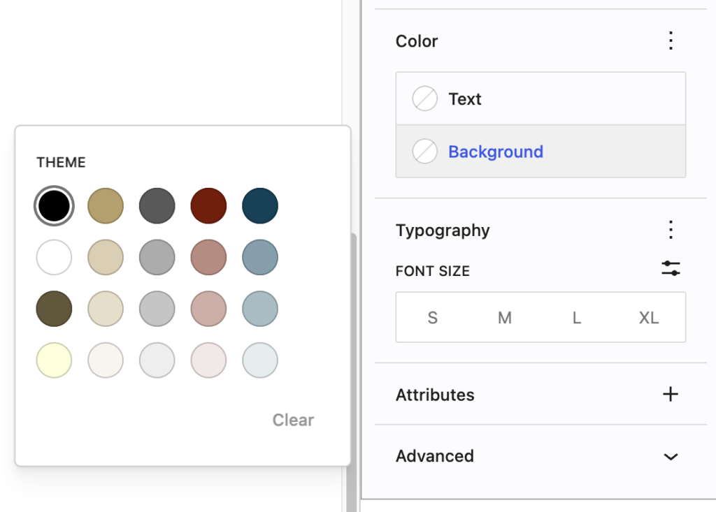 Screenshot of the color palette with 20 swatches, including black and white, and gradients of blue, red, gold, and grey, popping out of the Background section of the WordPress sidebar.