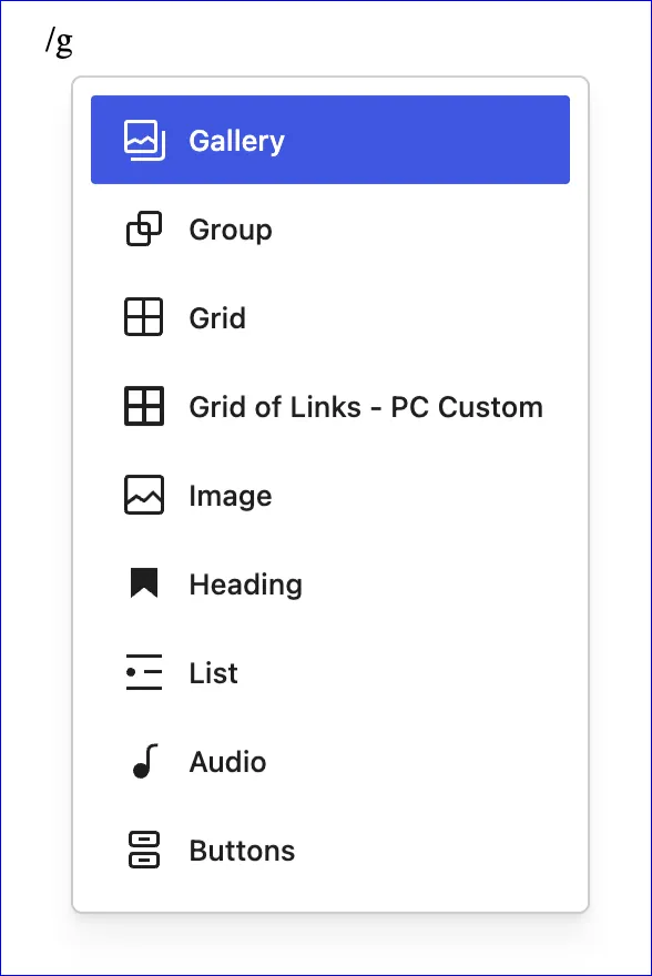 example of the block picker for inserting blocks on a wordpress page